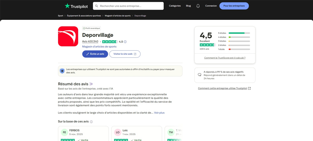 Deporvillage avis Trustpilot
